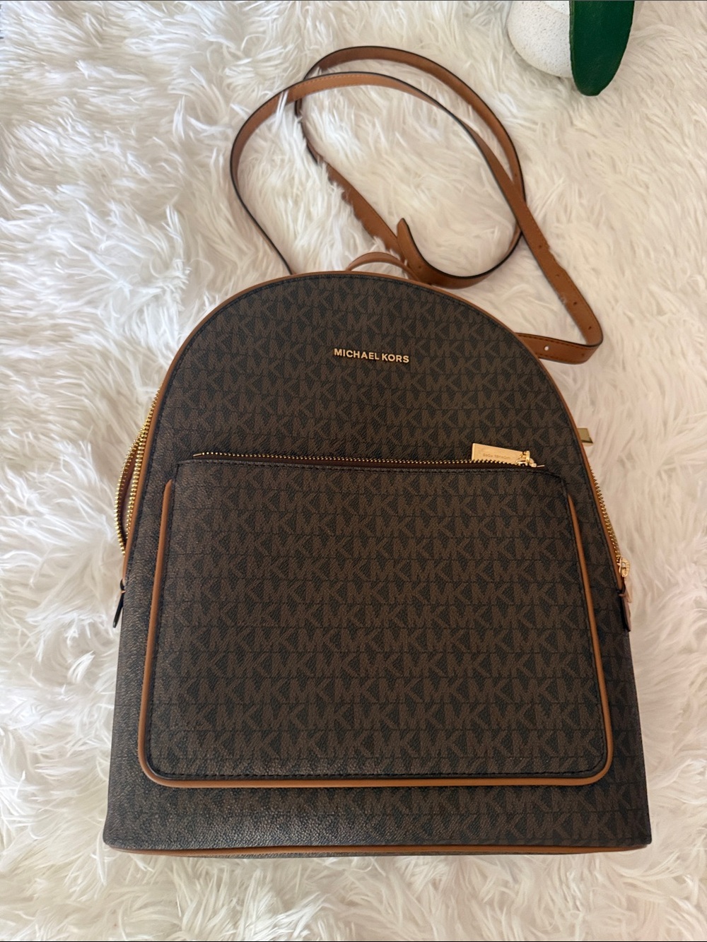 MICHAEL KORS Brown MK Logo Dome Backpack with Gold Hardware
